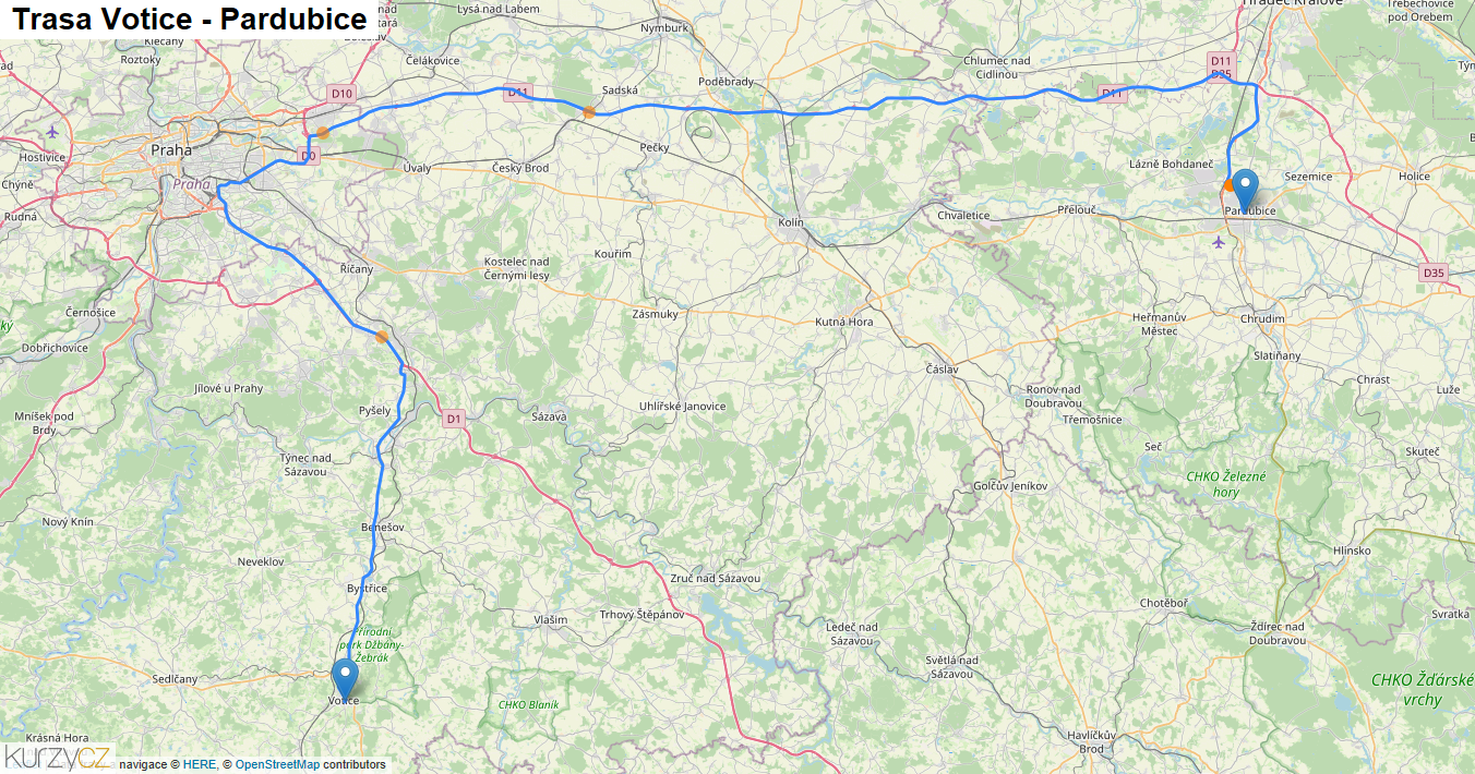 Votice-Pardubice, mapa trasy