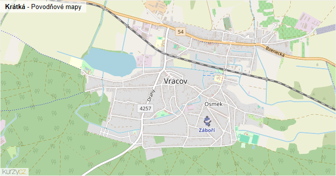 Krátká - záplavové mapy stoleté vody
