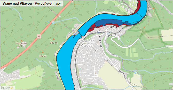 Vrané nad Vltavou - záplavové mapy stoleté vody