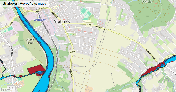 Břízková - záplavové mapy stoleté vody
