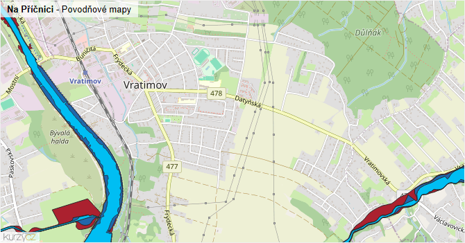 Na Příčnici - záplavové mapy stoleté vody
