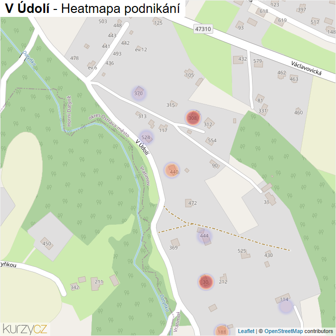 Mapa V Údolí - Firmy v ulici.