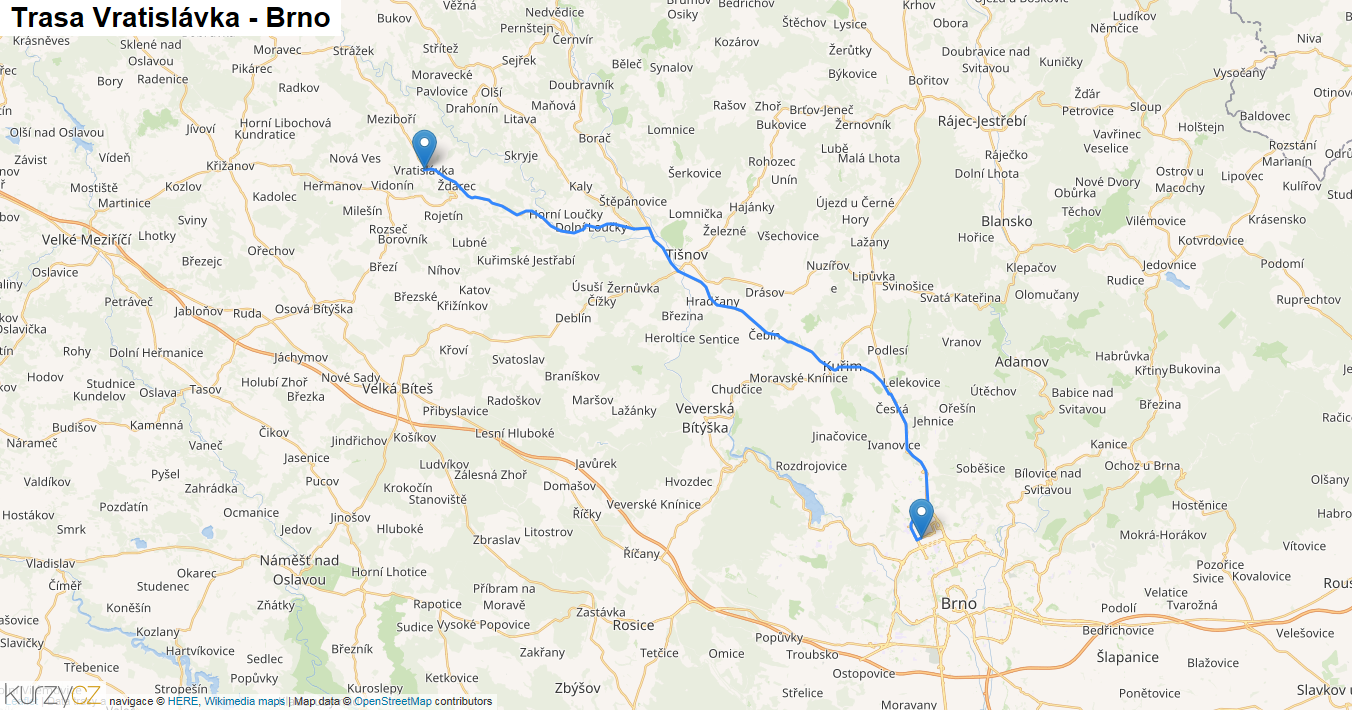 Vratislávka-Brno, mapa trasy