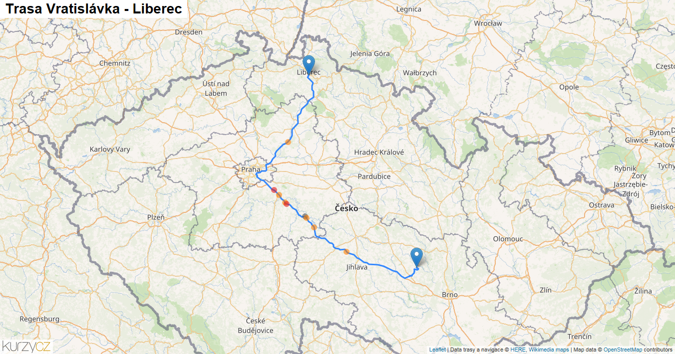 Vratislávka-Liberec, mapa trasy