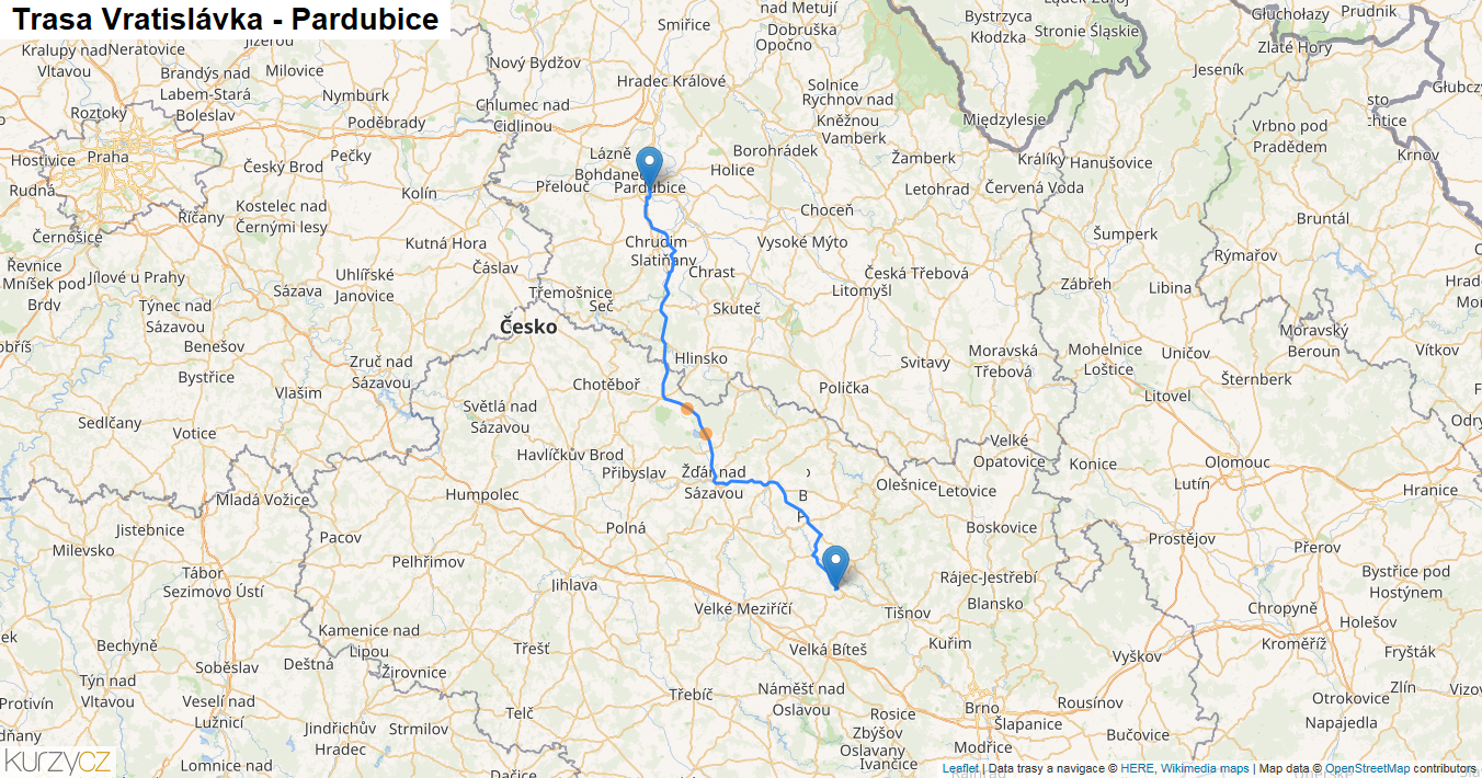 Vratislávka-Pardubice, mapa trasy