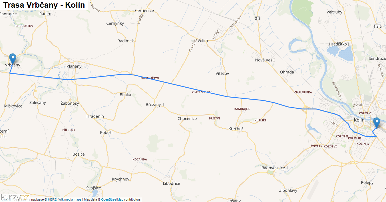 Vrbčany-Kolín, mapa trasy