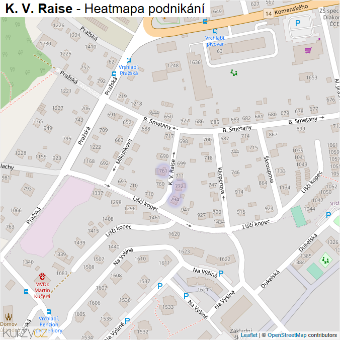 Mapa K. V. Raise - Firmy v ulici.