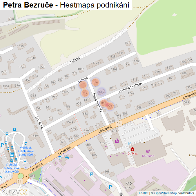 Mapa Petra Bezruče - Firmy v ulici.