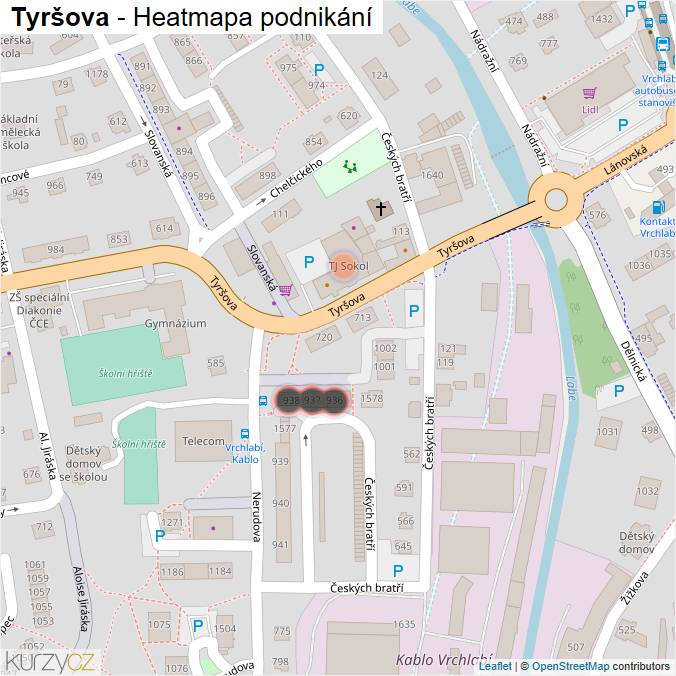 Mapa Tyršova - Firmy v ulici.