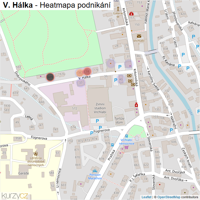 Mapa V. Hálka - Firmy v ulici.