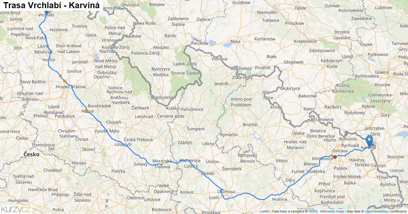 Vrchlabí-Karviná, mapa trasy