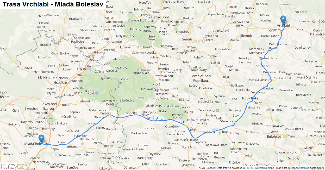 Vrchlabí-Mladá Boleslav, mapa trasy