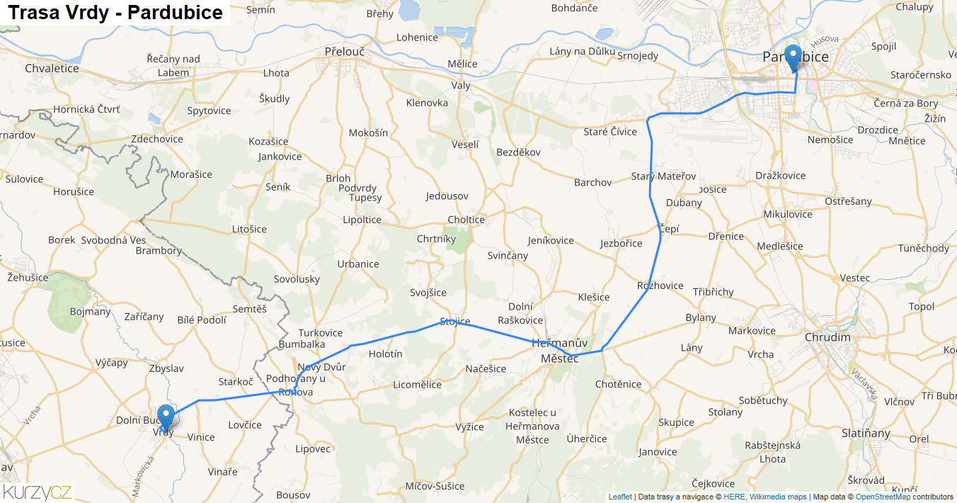 Vrdy-Pardubice, mapa trasy