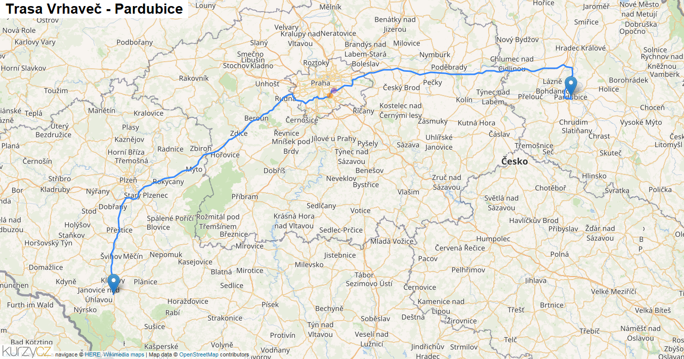 Vrhaveč-Pardubice, mapa trasy