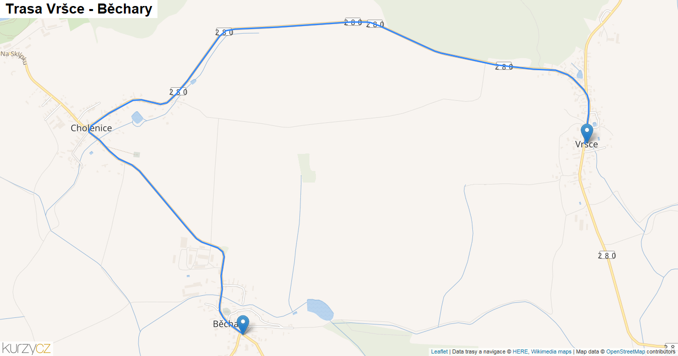 Vršce-Běchary, mapa trasy