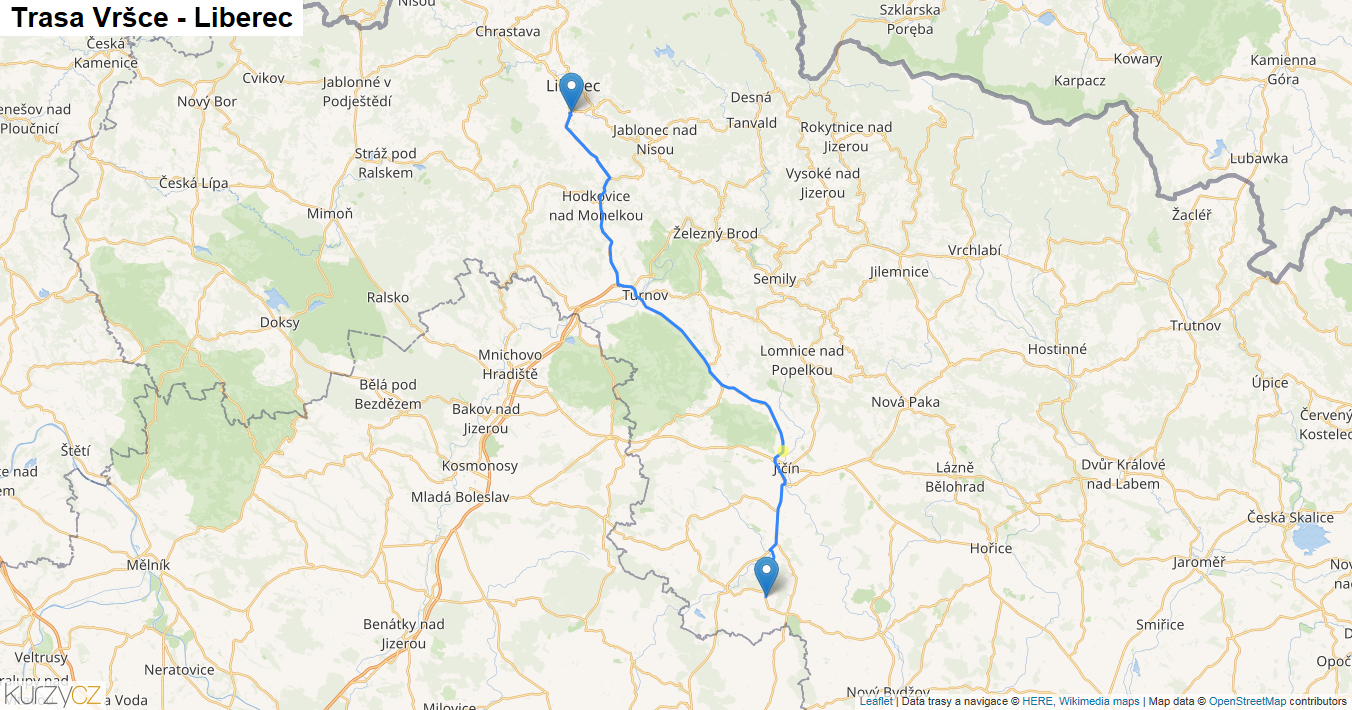 Vršce-Liberec, mapa trasy