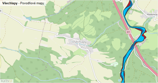 Všechlapy - záplavové mapy stoleté vody
