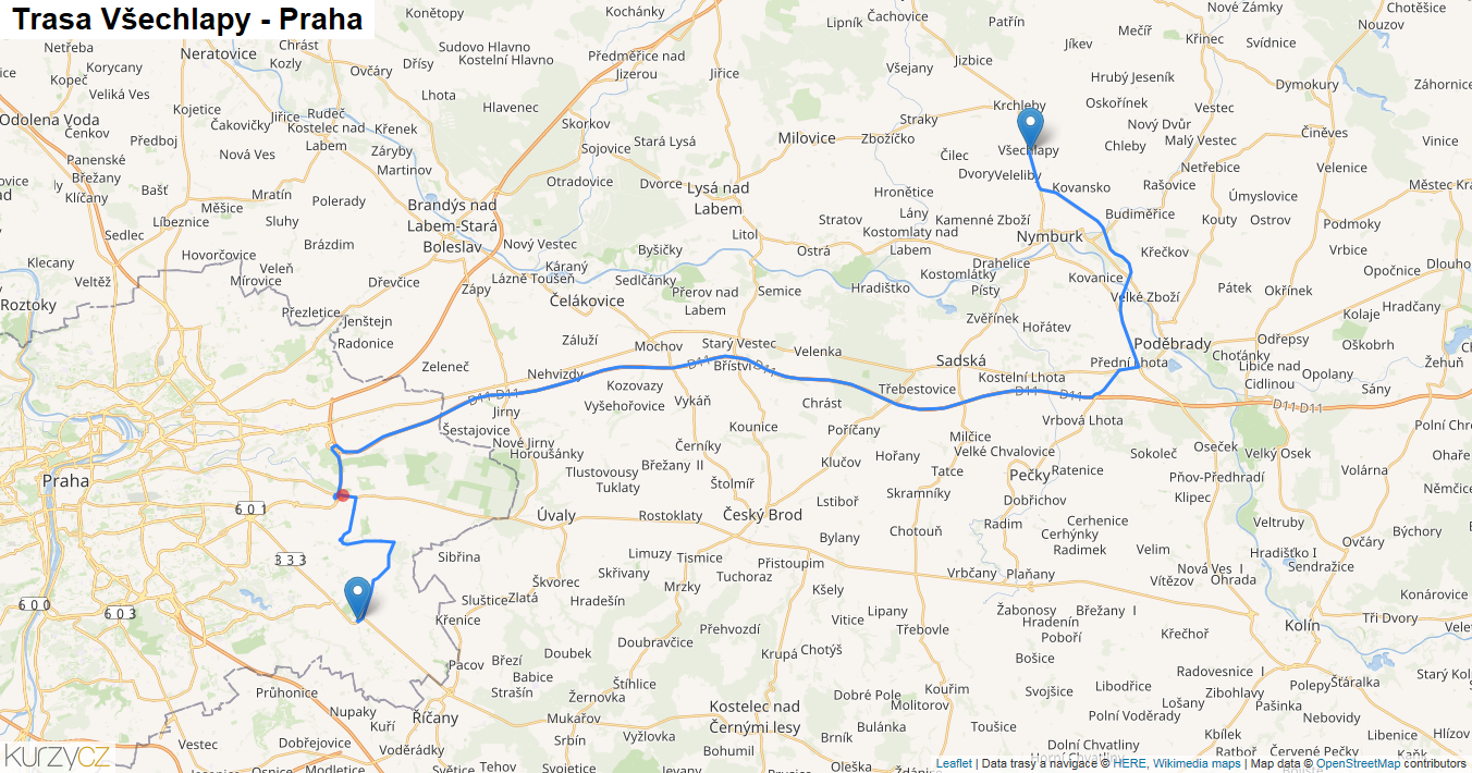 Všechlapy-Praha, mapa trasy