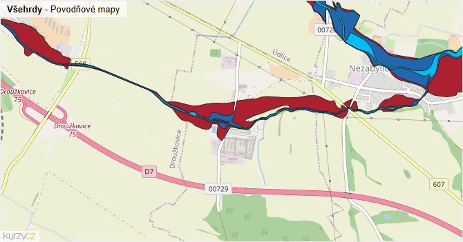 Všehrdy - záplavové mapy stoleté vody