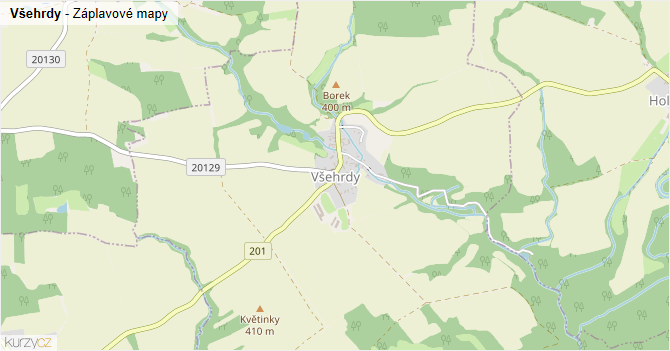 Všehrdy - záplavové mapy stoleté vody