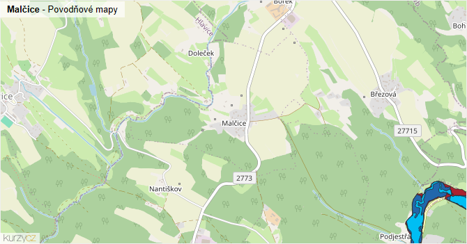 Malčice - záplavové mapy stoleté vody