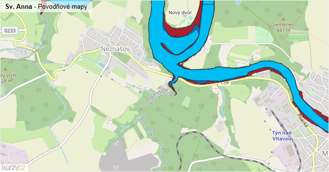 Sv. Anna - záplavové mapy stoleté vody