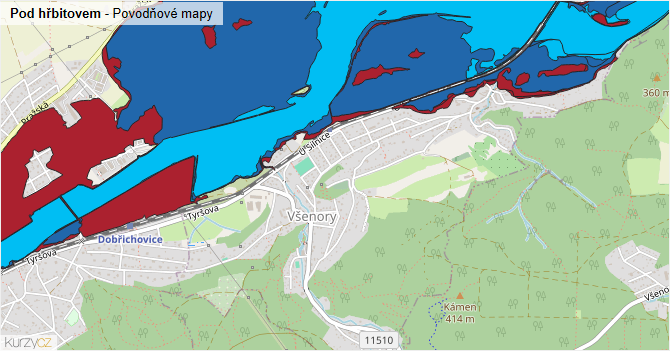 Pod hřbitovem - záplavové mapy stoleté vody