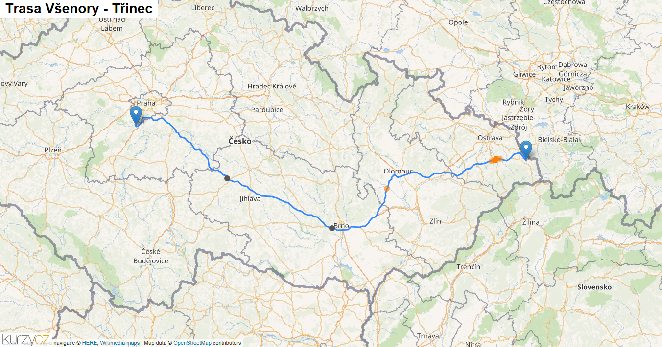Všenory-Třinec, mapa trasy