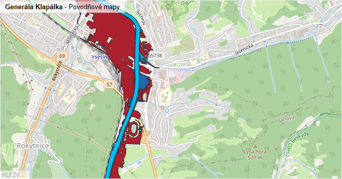 Generála Klapálka - záplavové mapy stoleté vody