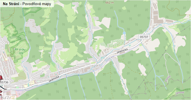 Na Stráni - záplavové mapy stoleté vody