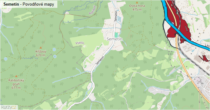 Semetín - záplavové mapy stoleté vody