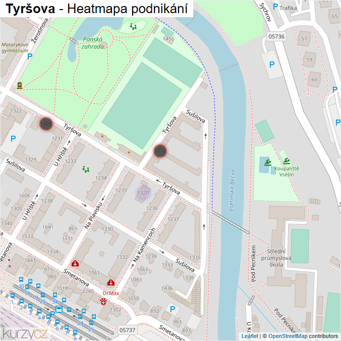 Mapa Tyršova - Firmy v ulici.