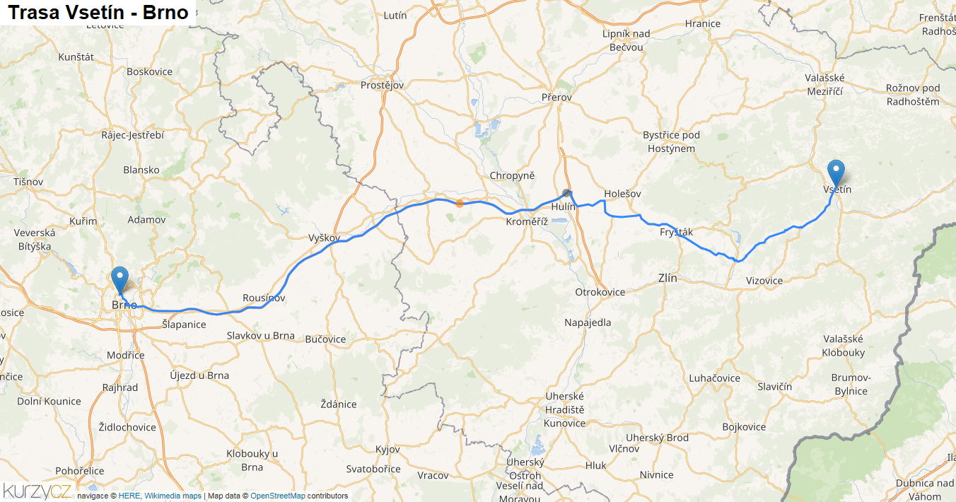 Vsetín-Brno, mapa trasy