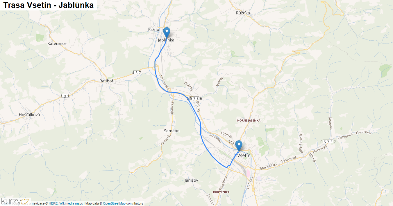 Vsetín-Jablůnka, mapa trasy