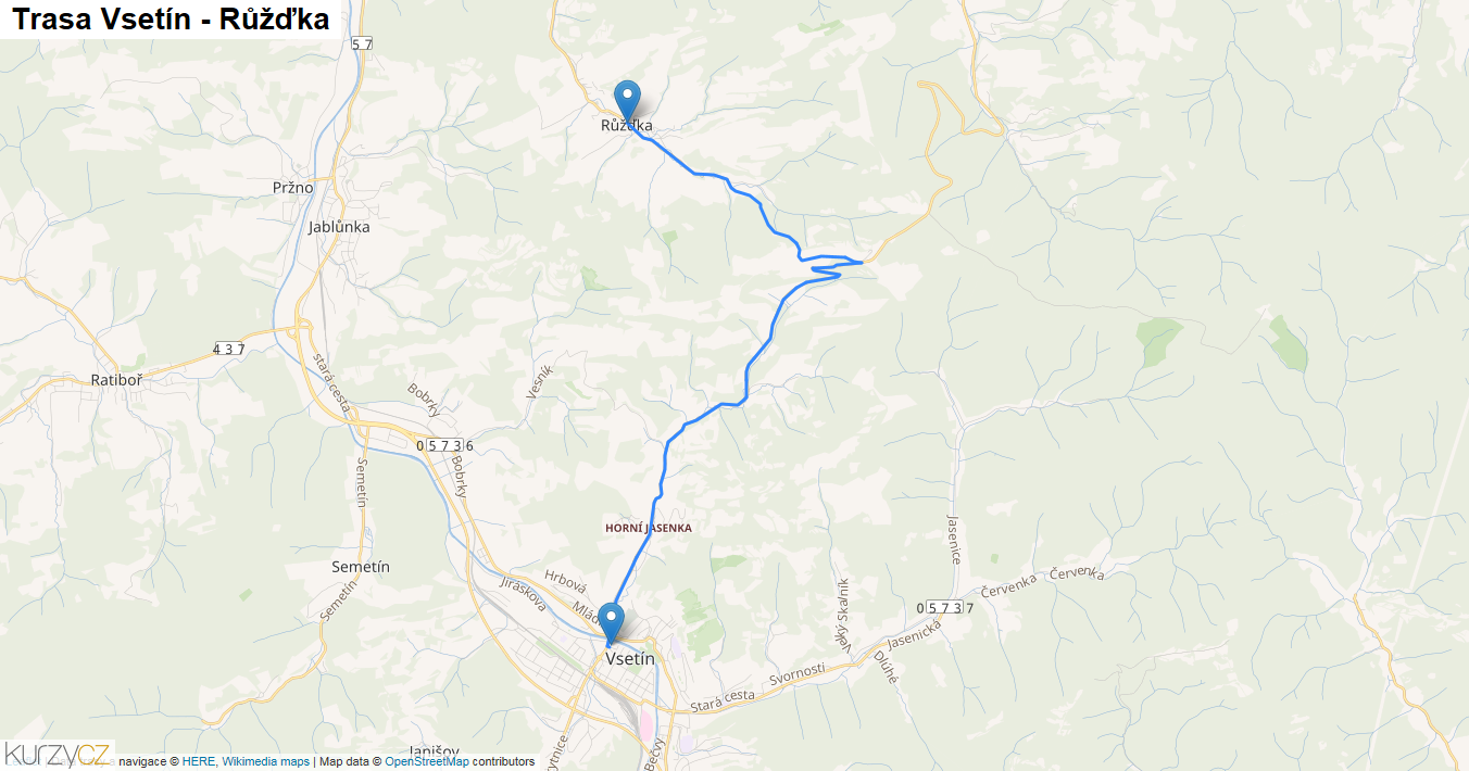 Vsetín-Růžďka, mapa trasy