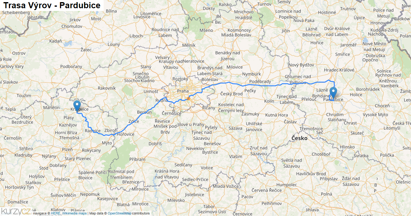 Výrov-Pardubice, mapa trasy