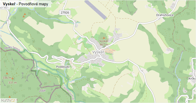Vyskeř - záplavové mapy stoleté vody