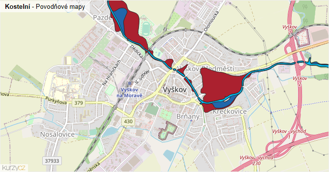 Kostelní - záplavové mapy stoleté vody