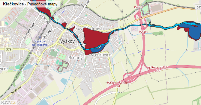 Křečkovice - záplavové mapy stoleté vody