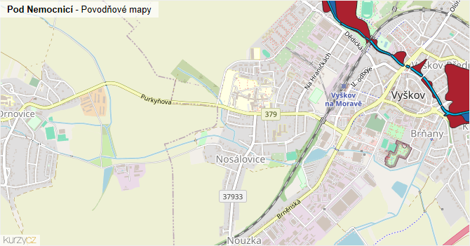Pod Nemocnicí - záplavové mapy stoleté vody
