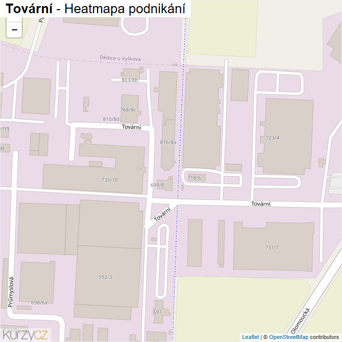 Mapa Tovární - Firmy v ulici.