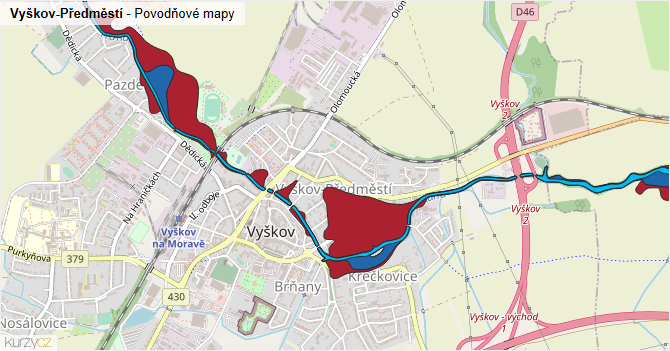 Vyškov-Předměstí - záplavové mapy stoleté vody