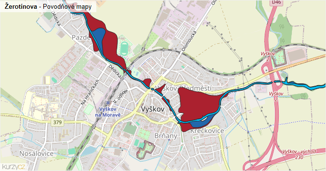 Žerotínova - záplavové mapy stoleté vody