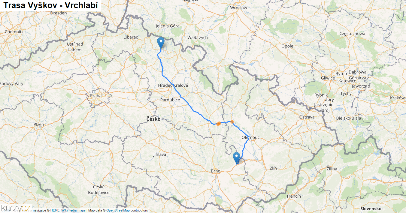 Vyškov-Vrchlabí, mapa trasy