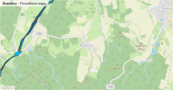 Branišov - záplavové mapy stoleté vody