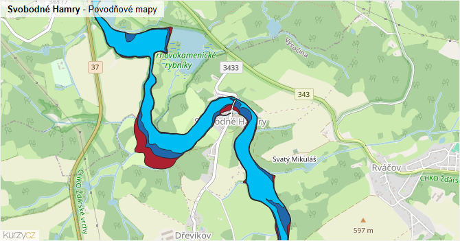 Svobodné Hamry - záplavové mapy stoleté vody