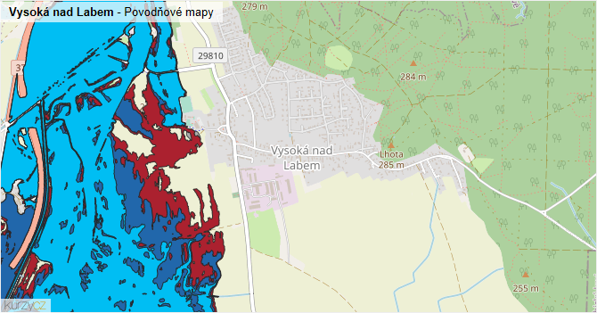 Vysoká nad Labem - záplavové mapy stoleté vody