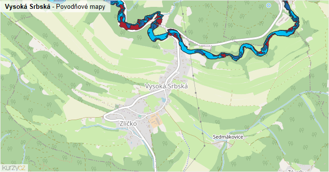 Vysoká Srbská - záplavové mapy stoleté vody