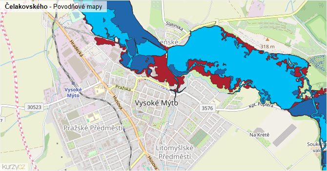 Čelakovského - záplavové mapy stoleté vody