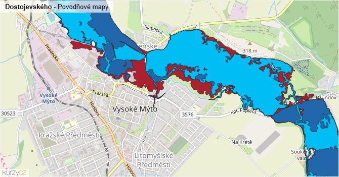 Dostojevského - záplavové mapy stoleté vody